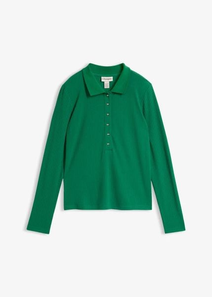 Prążkowana koszulka polo. Zielone bluzki bonprix, bez wzorów, prążkowane, bez kołnierzyka, bez ramiączek. Za 74.99 zł.
