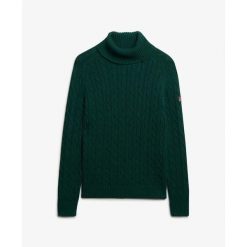 Sweter na plecionce z golfem damski Superdry. Zielone golfy Superdry, bez wzorów, ze splotem, bez ramiączek. Za 327.70 zł.