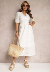 Biała Sukienka z Bawełny o Haftowanym Wykończeniu z Gumką w Talii Lomeda. Białe sukienki Renee, na imprezę, na lato, m, bez wzorów, z bawełny, eleganckie, bez kołnierzyka, bez ramiączek, maxi. Za 109.99 zł.