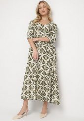 Zielona Rozkloszowana Sukienka z Wiskozą z Motywem Roślinnym Loredia. Zielone sukienki Born2be, na co dzień, l, bez wzorów, z jeansu, eleganckie, bez kołnierzyka, bez ramiączek, maxi, rozkloszowane. Za 119.99 zł.