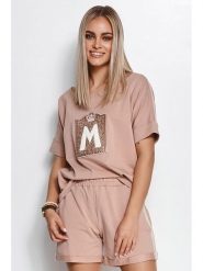Makadamia 2-częściowy zestaw w kolorze ciemnobeżowym - bluzka, szorty rozmiar: 40/42. Brązowe bluzki Makadamia, z aplikacjami, bez kołnierzyka, bez ramiączek. Za 276.05 zł.
