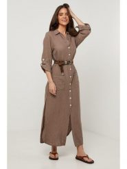 Le Monde du Lin Lniana sukienka w kolorze szarobrązowym rozmiar: 38/40. Brązowe sukienki Le Monde du Lin, bez wzorów, ze lnu, bez kołnierzyka, bez ramiączek, maxi. Za 195.99 zł.