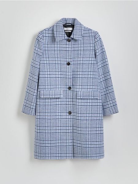 Płaszcz w kratę - jasnoniebieski. Niebieskie płaszcze Reserved, l, bez wzorów, z tkaniny, bez kaptura. W wyprzedaży za 159.99 zł.