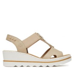 Sandały Rieker. Brązowe sandały Rieker, bez wzorów, bez obcasa, na koturnie, bez zapięcia. Za 239.99 zł.