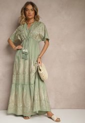 Zielona Wiskozowa Sukienka Boho o Kopertowym Kroju z Metalicznym Haftem Redeselle. Zielone sukienki Renee, na co dzień, m, z aplikacjami, z wiskozy, boho, bez kołnierzyka, bez ramiączek, maxi, kopertowe. Za 89.99 zł.