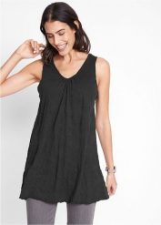 Długi top z kreszowanego materiału. Czarne topy bonprix, bez wzorów, bez kołnierzyka, bez ramiączek. Za 64.99 zł.