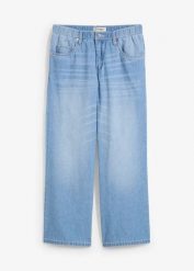 Dżinsy Straight, mid waist, z wygodnym paskiem, łów stretch, cropped. Niebieskie jeansy bonprix, bez wzorów. Za 94.99 zł.