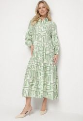 Zielona Rozkloszowana Sukienka Koszulowa z Wiskozą w Geometryczny Wzór Alineria. Zielone sukienki Born2be, na co dzień, l, bez wzorów, z bawełny, eleganckie, bez kołnierzyka, bez ramiączek, maxi, koszulowe. Za 139.99 zł.