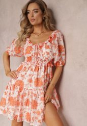 Pomarańczowa Sukienka Mini z Hiszpańskim Dekoltem i Gumką w Talii Lisella. Brązowe sukienki Renee, l, bez wzorów, z tkaniny, bez kołnierzyka, bez ramiączek, mini, rozkloszowane. W wyprzedaży za 47.99 zł.