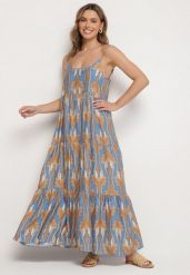 Niebiesko-Beżowa Sukienka o Rozkloszowanym Kroju Boho na Cienkich Ramiączkach Tosave. Niebieskie sukienki Born2be, na co dzień, na lato, l, z aplikacjami, boho, bez kołnierzyka, bez ramiączek, midi, proste. Za 64.99 zł.