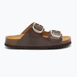 Klapki damskie Scholl Noelle Syntetic Reptile. Brązowe klapki Scholl, bez wzorów, z materiału, bez obcasa. Za 249.99 zł.