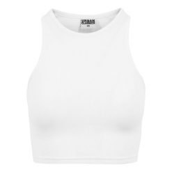 Damski klasyczny miejski crop top w prążki. Białe topy Urban Classics, bez wzorów, prążkowane, bez kołnierzyka, bez ramiączek. Za 36.50 zł.