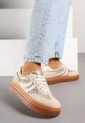 Beżowe Wężowe Sneakersy Typu Kultowe Tenisówki na Niskiej Platformie Olritia. Brązowe obuwie sportowe Renee, z jeansu, bez zapięcia, tenisowe. Za 84.99 zł.