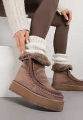 Ciemnobeżowe Śniegowce z Przeszyciami Oliwedea. Brązowe trapery i śniegowce Born2be, z jeansu. Za 159.99 zł.