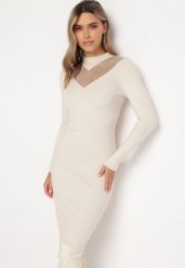 Jasnobeżowa Dzianinowa Sukienka Midi z Półgolfem i Siateczkowym Dekoltem z Cyrkoniami Faelinn. Brązowe sukienki Born2be, na imprezę, s, bez wzorów, z dzianiny, eleganckie, bez kołnierzyka, bez ramiączek, midi. Za 39.99 zł.