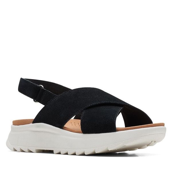 Sandały Clarks. Czarne sandały Clarks, bez wzorów, bez obcasa, na płaskiej podeszwie, bez zapięcia. Za 279.99 zł.