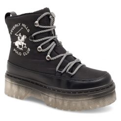 Botki Beverly Hills Polo Club. Czarne botki Beverly Hills Polo Club, bez wzorów, bez obcasa, na płaskiej podeszwie, bez zapięcia. Za 149.99 zł.