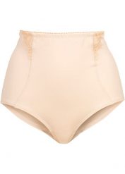 "Figi ""panty"" shape, silny stopień modelowania sylwetki". Brązowe figi bonprix, bez wzorów, z koronki. Za 72.99 zł.