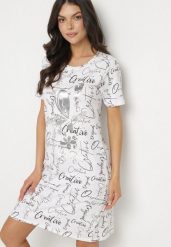 Biała Bawełniana Sukienka o T-shirtowym Kroju z Ozdobnym Nadrukiem Feviressa. Białe sukienki Born2be, na co dzień, na lato, m, bez wzorów, z bawełny, eleganckie, bez kołnierzyka, bez ramiączek, mini. Za 39.99 zł.