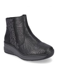 Rieker Botki 48759-00 Czarny. Czarne botki Rieker, bez wzorów, ze skóry, bez obcasa, na koturnie, bez zapięcia. Za 429.99 zł.