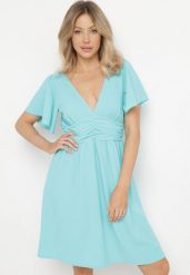 Niebieska Krótka Sukienka z Luźnym Rękawem i Gumką w Talii Bainasa. Niebieskie sukienki Born2be, bez wzorów, bez kołnierzyka, bez ramiączek, mini. Za 79.99 zł.