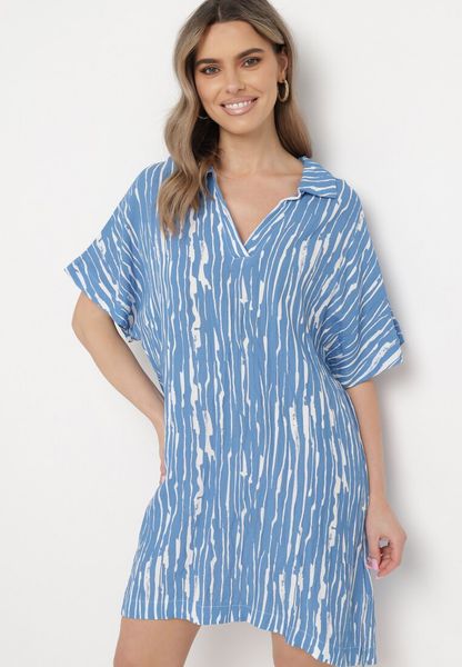 Niebieska Sukienka z Bawełny i Lnu z Kołnierzykiem Bumstolia. Niebieskie sukienki Born2be, do pracy, na lato, l, bez wzorów, z bawełny, biznesowe, bez kołnierzyka, plus size, bez ramiączek, proste. Za 79.99 zł.