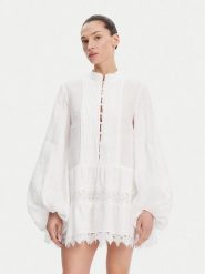 BARDOT Sukienka letnia Antonia Lace Trim 59849DB Biały Relaxed Fit. Białe sukienki Bardot, na lato, bez wzorów, ze lnu, bez kołnierzyka, bez ramiączek. Za 659.99 zł.