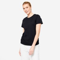 Koszulka damska Domyos Gym & Pilates. Czarne bluzki DOMYOS, l, bez wzorów, z bawełny, sportowe, bez kołnierzyka, bez ramiączek. Za 39.99 zł.