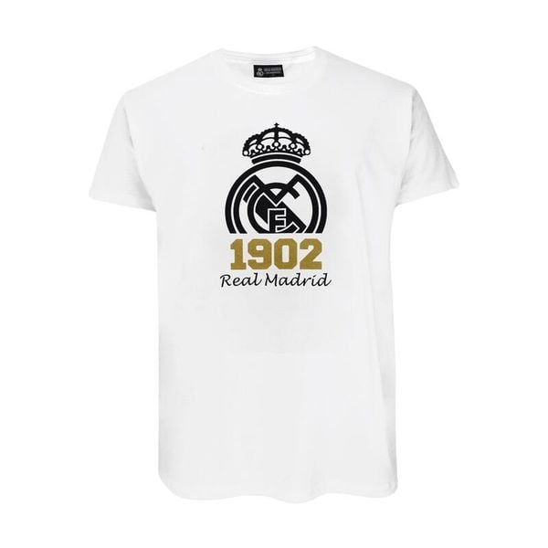 Real Madryt 1902 - biała koszulka z herbem. Białe bluzki REAL MADRID, l, bez wzorów, sportowe, bez kołnierzyka, bez ramiączek. W wyprzedaży za 109.94 zł.