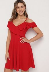 Czerwona Sukienka Rozkloszowana na Ramiączkach z Falbankami Polauri. Czerwone sukienki Born2be, na co dzień, m, bez wzorów, eleganckie, bez kołnierzyka, bez ramiączek, mini, rozkloszowane. Za 79.99 zł.
