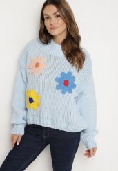 Jasnoniebieski Sweter z Wiskozą Ozdobiony Kwiatami 3D Alabine. Niebieskie swetry Born2be, l, bez wzorów, z jeansu, bez ramiączek. Za 99.99 zł.