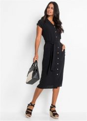 Sukienka koszulowa z wiązanym paskiem. Czarne sukienki bonprix, bez wzorów, bez kołnierzyka, bez ramiączek, koszulowe. Za 139.99 zł.