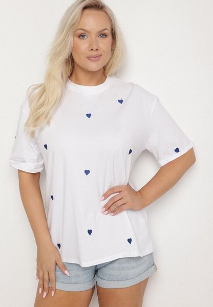 Biało-Niebieski Bawełniany T-shirt Zdobiony Haftem w Kształcie Serc Naloree. Białe t-shirty Born2be, l, z aplikacjami, z bawełny, bez kołnierzyka, bez ramiączek. Za 59.99 zł.