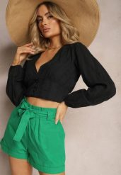 Zielone Szorty High Waist Wiązane w Pasie Gilalilena. Zielone szorty Renee, bez wzorów, z materiału, eleganckie, z podwyższonym stanem. Za 39.99 zł.