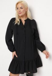 Czarna Koszulowa Sukienka Mini z Falbanką Brindel. Czarne sukienki Born2be, m, bez wzorów, bez kołnierzyka, bez ramiączek, mini, koszulowe. Za 89.99 zł.