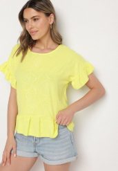 Żółta Bluzka o Kroju Oversize z Falbanami Livelle. Żółte bluzki Born2be, uniwersalny, bez wzorów, z jeansu, bez kołnierzyka, bez ramiączek. Za 59.99 zł.