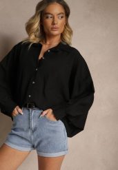Czarna Koszula z Wiskozą w Stylu Nietoperza Sonarielia. Czarne koszule Renee, bez wzorów, z wiskozy, eleganckie, bez kołnierzyka, bez ramiączek. Za 69.99 zł.