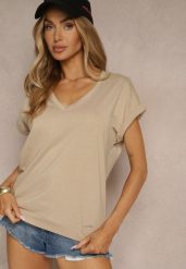 Beżowy Bawełniany T-shirt z Dekoltem w Serek Lireave. Brązowe t-shirty Renee, s, bez wzorów, z bawełny, bez kołnierzyka, bez ramiączek. Za 39.99 zł.