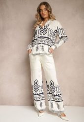 Beżowy Komplet z Wiskozą Koszula i Spodnie Zdobione Ornamentalnym Wzorem Gavris. Brązowe koszule Renee, m, z aplikacjami, z materiału, eleganckie, bez kołnierzyka, bez ramiączek. Za 134.99 zł.