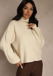 Jasnobeżowy Golf Ozdobiony Ściągaczami Wedena. Brązowe golfy Renee, l, bez wzorów, z jeansu, bez ramiączek. Za 79.99 zł.