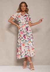 Jasnobeżowa Koszulowa Sukienka w Kwiaty o Rozkloszowanym Fasonie z Paskiem Fevalirra. Brązowe sukienki Renee, na spotkanie biznesowe, na lato, m, bez wzorów, eleganckie, bez kołnierzyka, bez ramiączek, maxi, kopertowe. Za 89.99 zł.