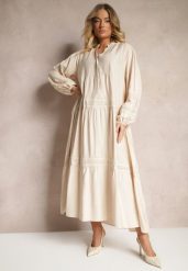 Beżowa Wiskozowa Sukienka Ozdobiona Koronką Nelanira. Brązowe sukienki Renee, na co dzień, l, z aplikacjami, z jeansu, eleganckie, bez kołnierzyka, bez ramiączek, maxi, kopertowe. Za 129.99 zł.