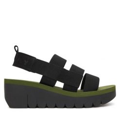 Sandały Fly London. Czarne sandały Fly London, bez wzorów, bez obcasa, na koturnie, bez zapięcia. Za 463.99 zł.