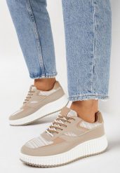 Ciemnobeżowe Sneakersy na Grubej Podeszwie Ozdobione Brokatem Evllina. Brązowe obuwie sportowe Born2be, bez zapięcia. Za 99.99 zł.