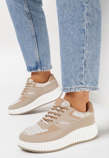 Ciemnobeżowe Sneakersy na Grubej Podeszwie Ozdobione Brokatem Evllina. Brązowe obuwie sportowe Born2be, bez zapięcia. Za 54.99 zł.