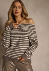 Jasnobrązowy Pasiasty Sweter z Domieszką Wełny i Wiskozy z Odkrytymi Ramionami Nelevia. Brązowe swetry Renee, bez wzorów, z dzianiny, bez ramiączek. Za 139.99 zł.