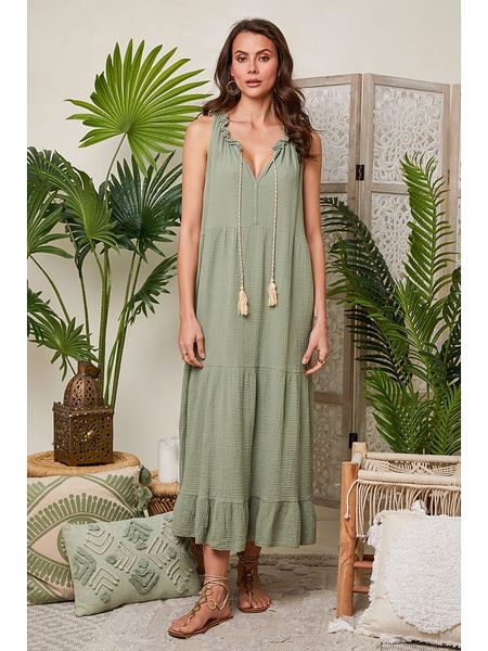 Lin Passion Sukienka w kolorze zielonym rozmiar: 34/36. Zielone sukienki Lin Passion, bez wzorów, z bawełny, klasyczne, bez kołnierzyka, bez ramiączek, midi. Za 145.60 zł.