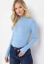 Jasnoniebieski Golf ze Sweterkowej Dzianiny ze Ściągaczami Hamiou. Niebieskie golfy Born2be, m, bez wzorów, z dzianiny, bez ramiączek. Za 39.99 zł.