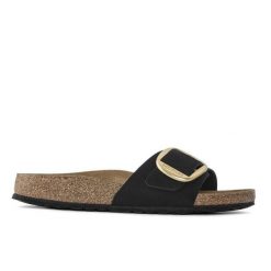 Klapki damskie Birkenstock Madrid Big Buckle. Czarne klapki Birkenstock, bez wzorów, z materiału, bez obcasa. Za 767.00 zł.
