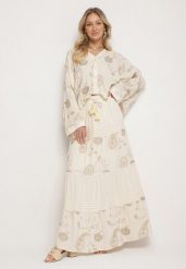 Beżowy Komplet z Wiskozy w Stylu Boho Koszula Nietoperz i Spódnica Sepalisse. Brązowe koszule Born2be, l, bez wzorów, z wiskozy, boho, bez kołnierzyka, bez ramiączek. Za 179.99 zł.